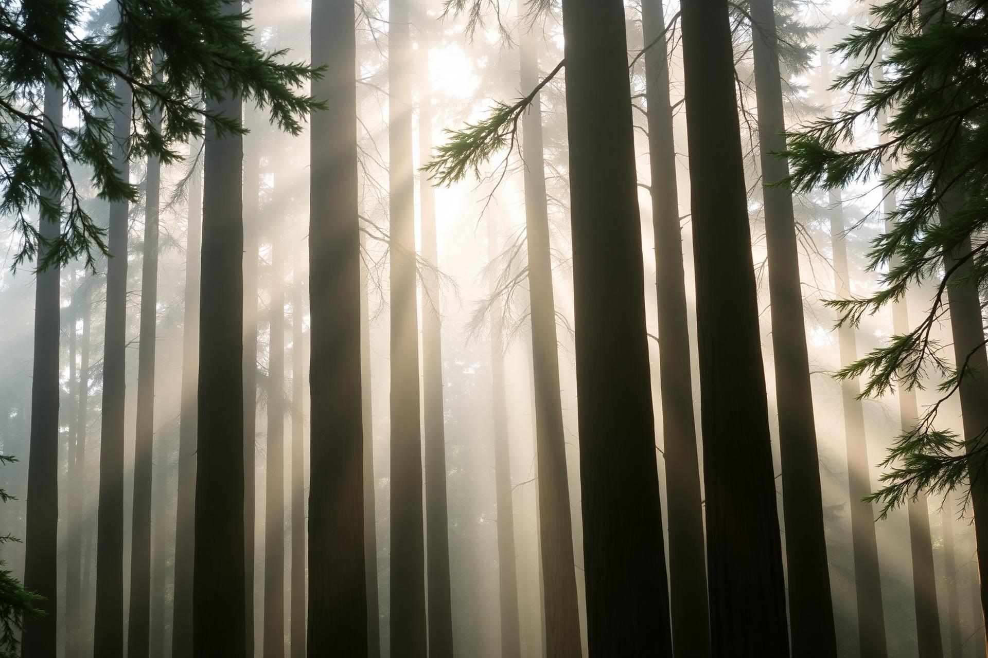 Sunlight filtering through California redwoods