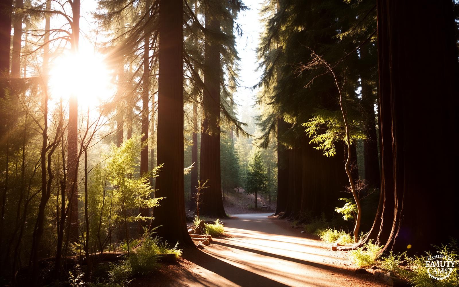 A sunlit path through a redwood grove